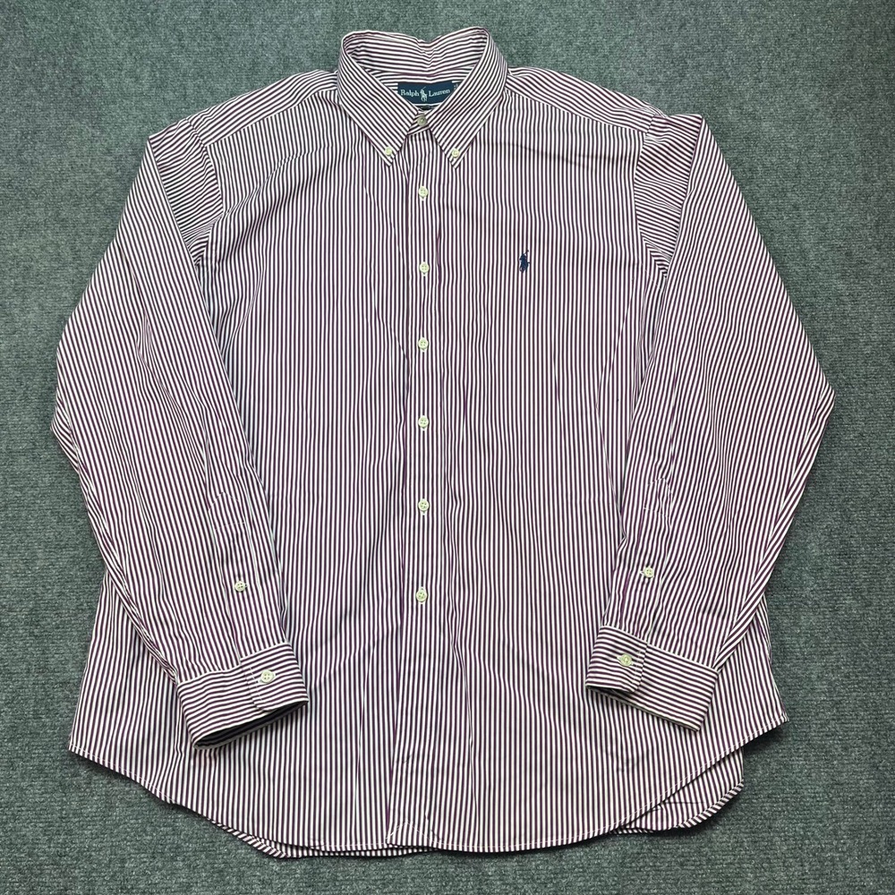 Ralph Lauren Men XXL Classic Fit Burgundy White Striped Button Down Shirt Oxford